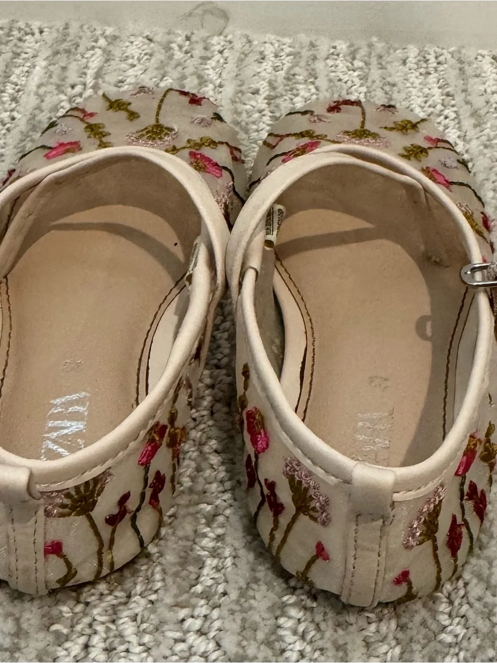 Zara Cream Mary Jane Flats with Pink and Green Floral Embroidery